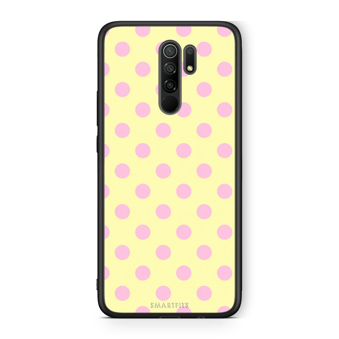 Θήκη Xiaomi Redmi 9 / 9 Prime Pink Polka Dots on Yellow από τη Smartfits με σχέδιο στο πίσω μέρος και μαύρο περίβλημα | Xiaomi Redmi 9 / 9 Prime Pink Polka Dots on Yellow case with colorful back and black bezels