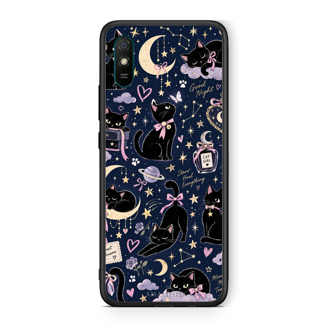 Θήκη Xiaomi Redmi 9A / 9AT Celestial Black Cats on Navy από τη Smartfits με σχέδιο στο πίσω μέρος και μαύρο περίβλημα | Xiaomi Redmi 9A / 9AT Celestial Black Cats on Navy case with colorful back and black bezels