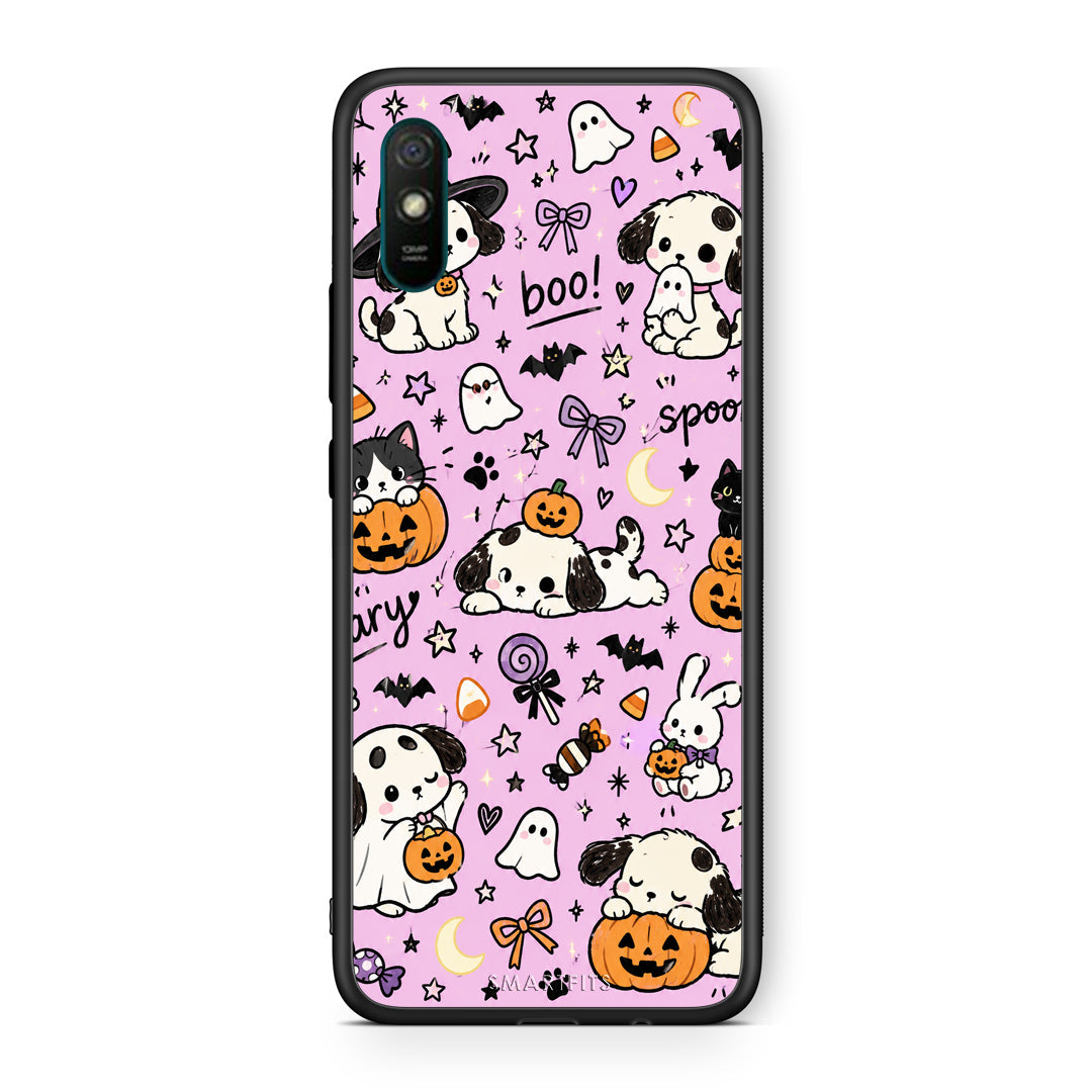 Θήκη Xiaomi Redmi 9A / 9AT Halloween Puppies and Friends on Lilac από τη Smartfits με σχέδιο στο πίσω μέρος και μαύρο περίβλημα | Xiaomi Redmi 9A / 9AT Halloween Puppies and Friends on Lilac case with colorful back and black bezels