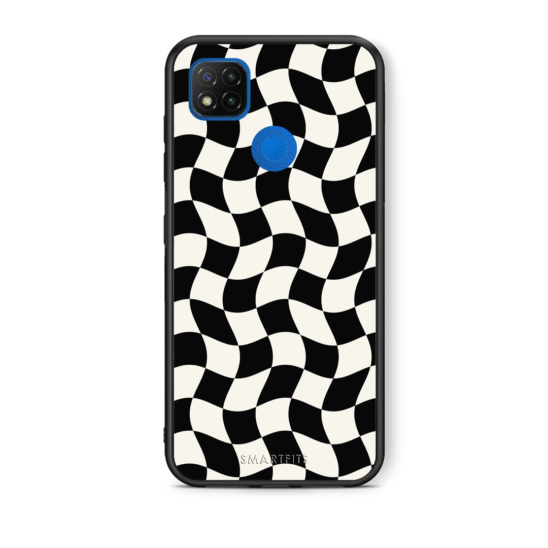 Θήκη Xiaomi Redmi 9C Black and Cream Wavy Checkerboard από τη Smartfits με σχέδιο στο πίσω μέρος και μαύρο περίβλημα | Xiaomi Redmi 9C Black and Cream Wavy Checkerboard case with colorful back and black bezels