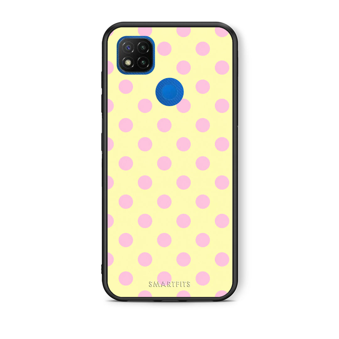 Θήκη Xiaomi Redmi 9C Pink Polka Dots on Yellow από τη Smartfits με σχέδιο στο πίσω μέρος και μαύρο περίβλημα | Xiaomi Redmi 9C Pink Polka Dots on Yellow case with colorful back and black bezels