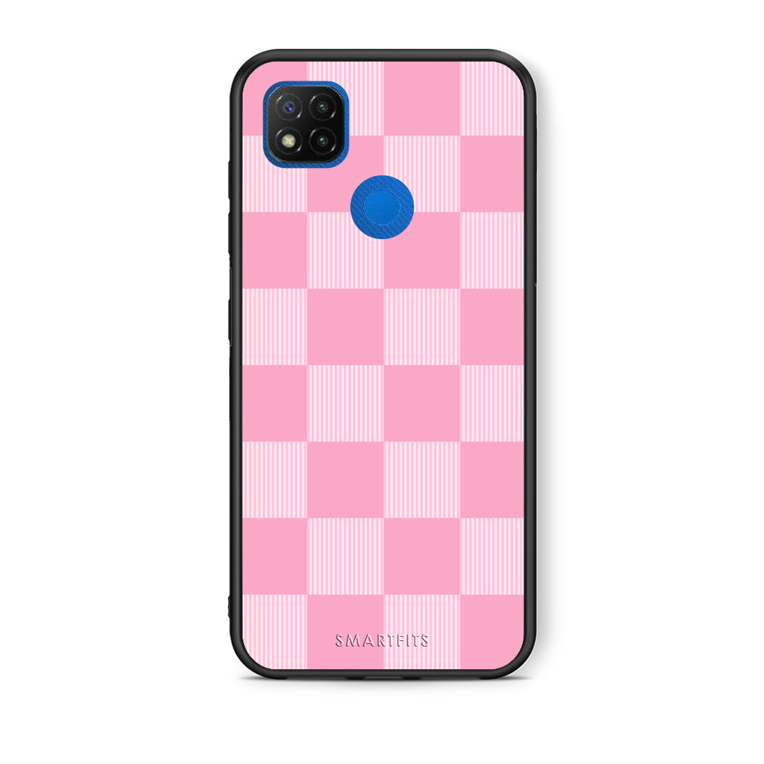 Θήκη Xiaomi Redmi 9C Pink and White Striped Checks από τη Smartfits με σχέδιο στο πίσω μέρος και μαύρο περίβλημα | Xiaomi Redmi 9C Pink and White Striped Checks case with colorful back and black bezels