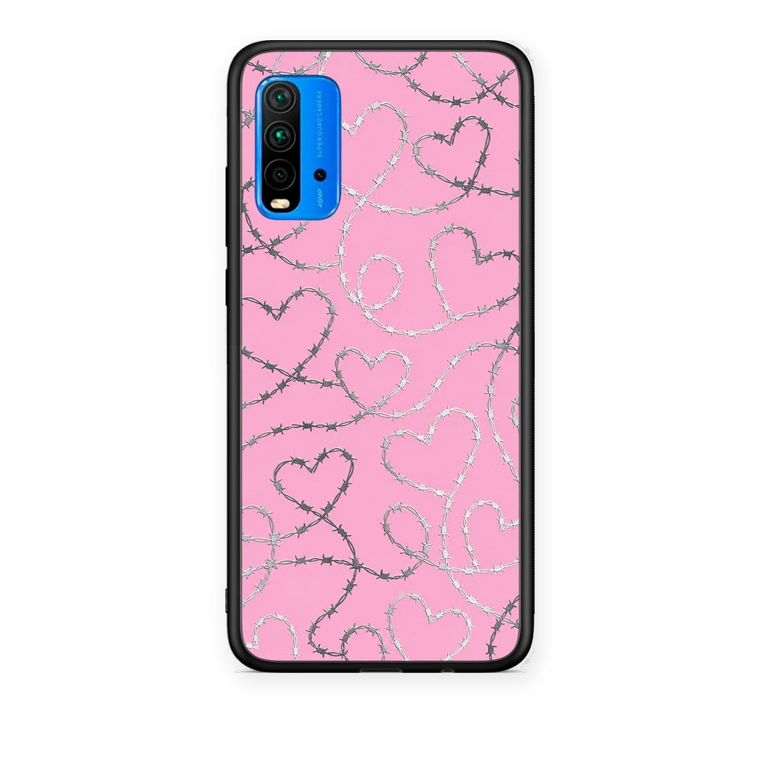 Θήκη Xiaomi Poco M3 Barbed Wire Hearts on Pink από τη Smartfits με σχέδιο στο πίσω μέρος και μαύρο περίβλημα | Xiaomi Poco M3 Barbed Wire Hearts on Pink case with colorful back and black bezels