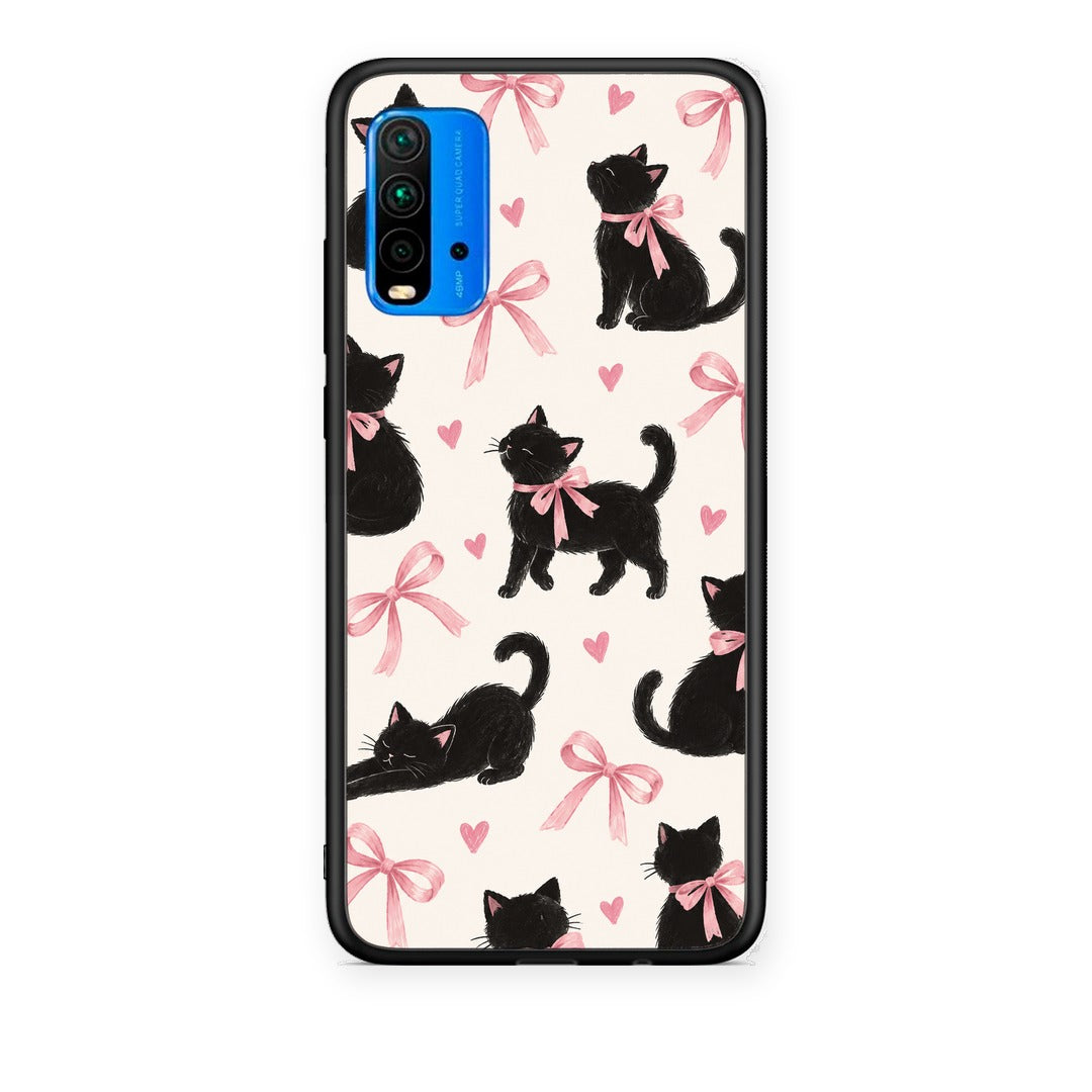 Θήκη Xiaomi Redmi 9T Black Kittens and Pink Bows on Cream Large από τη Smartfits με σχέδιο στο πίσω μέρος και μαύρο περίβλημα | Xiaomi Redmi 9T Black Kittens and Pink Bows on Cream Large case with colorful back and black bezels