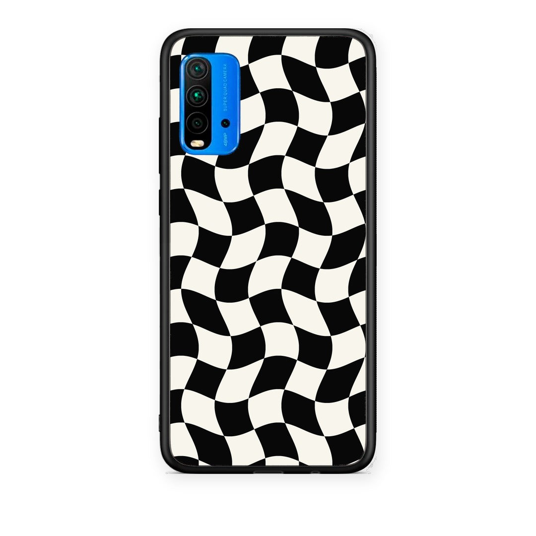 Θήκη Xiaomi Redmi 9T Black and Cream Wavy Checkerboard από τη Smartfits με σχέδιο στο πίσω μέρος και μαύρο περίβλημα | Xiaomi Redmi 9T Black and Cream Wavy Checkerboard case with colorful back and black bezels
