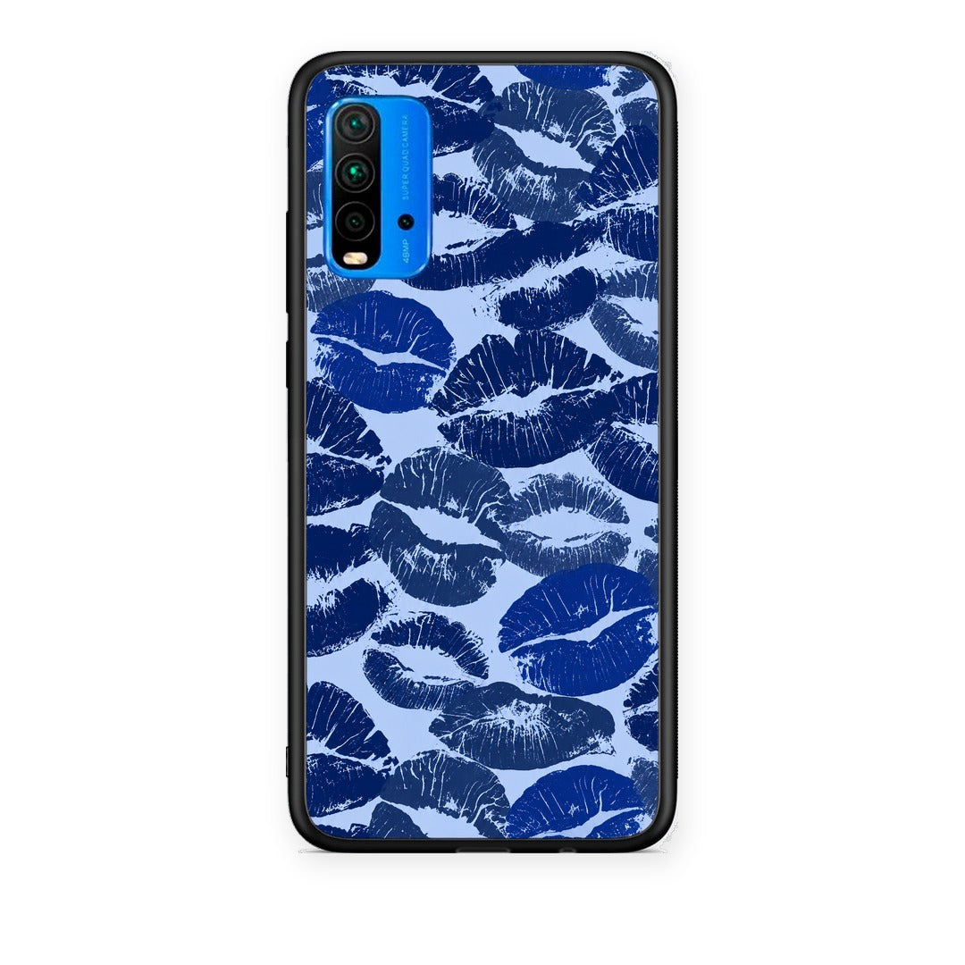Θήκη Xiaomi Redmi 9T Blue Lipstick Kisses από τη Smartfits με σχέδιο στο πίσω μέρος και μαύρο περίβλημα | Xiaomi Redmi 9T Blue Lipstick Kisses case with colorful back and black bezels