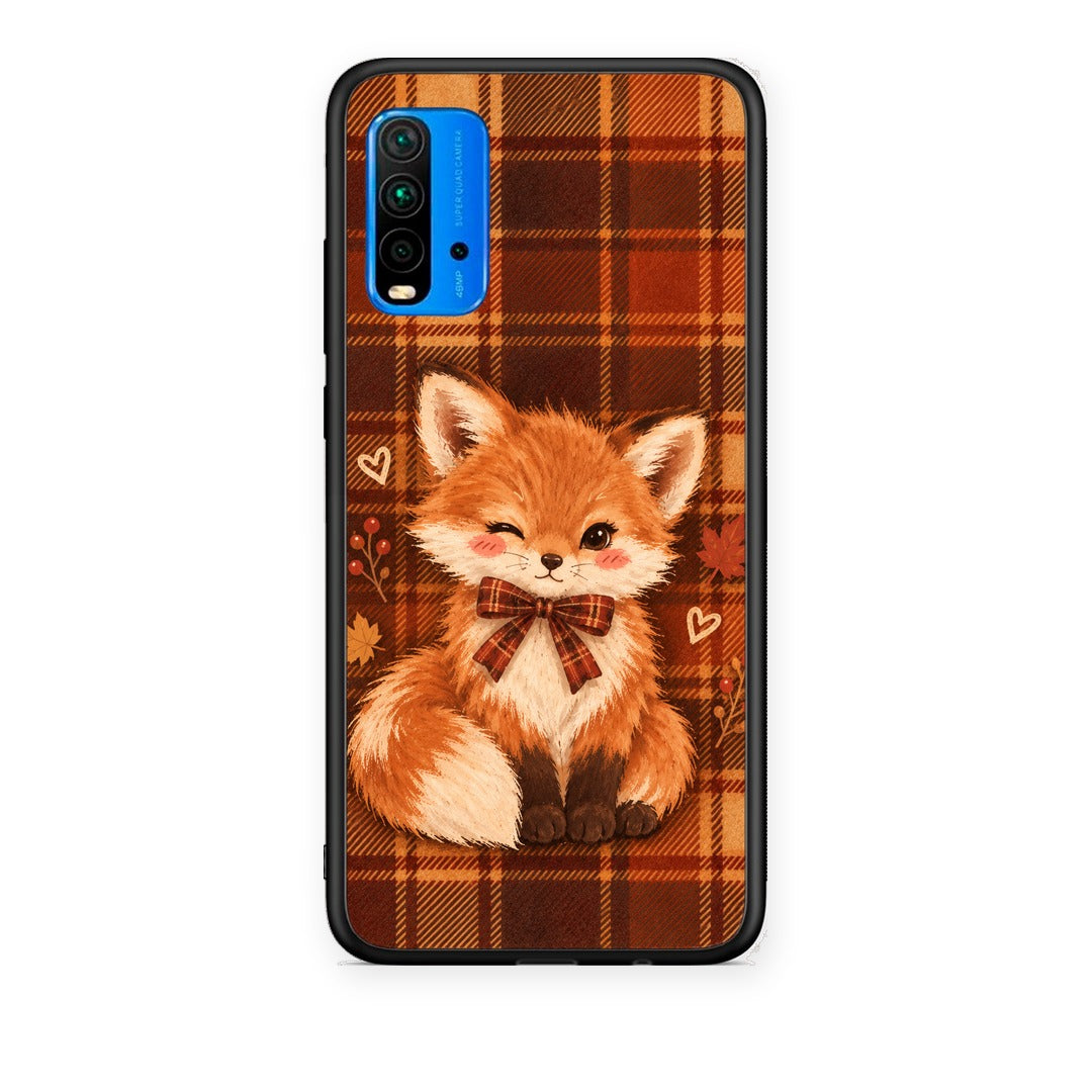 Θήκη Xiaomi Poco M3 Fox on Autumn Tartan από τη Smartfits με σχέδιο στο πίσω μέρος και μαύρο περίβλημα | Xiaomi Poco M3 Fox on Autumn Tartan case with colorful back and black bezels