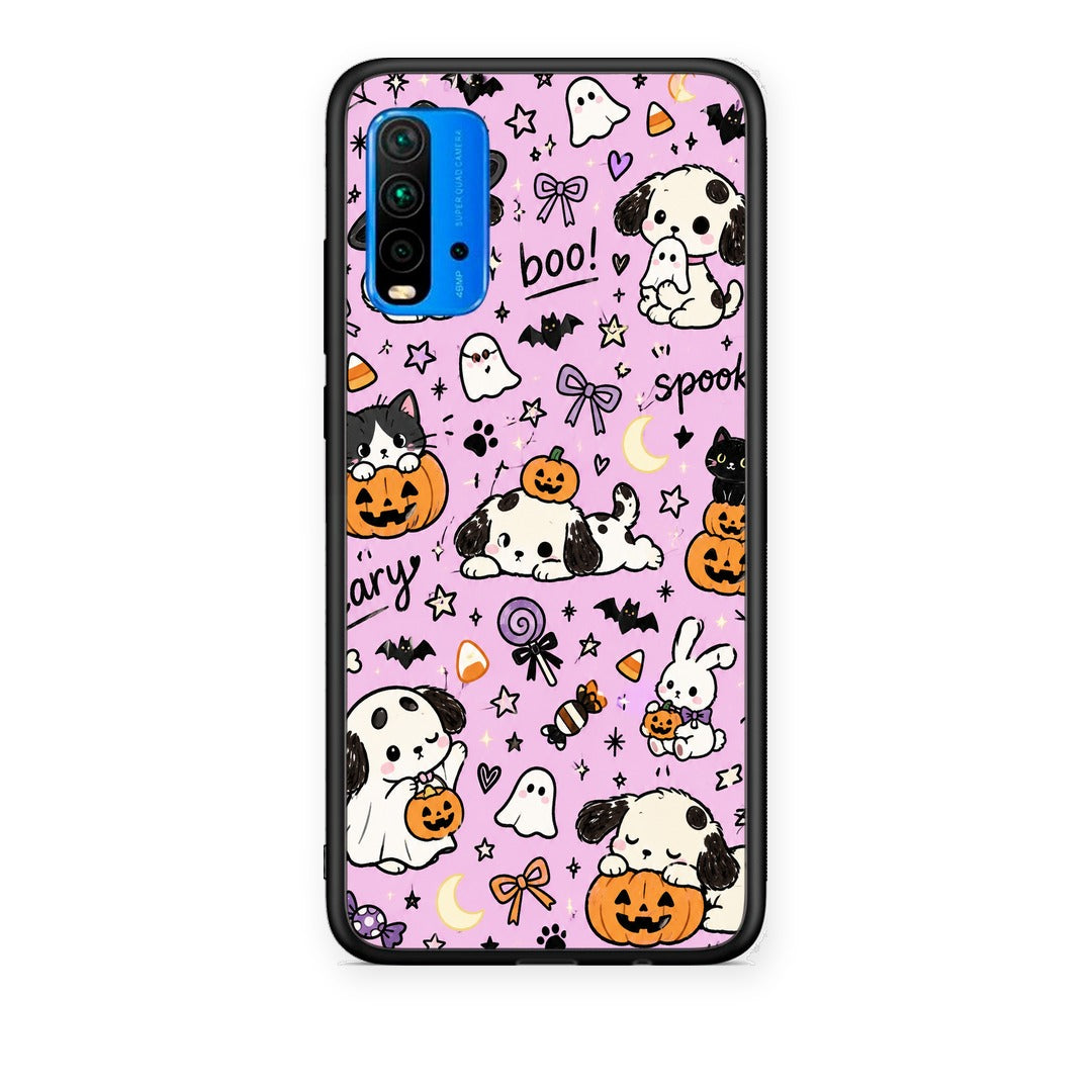 Θήκη Xiaomi Redmi 9T Halloween Puppies and Friends on Lilac από τη Smartfits με σχέδιο στο πίσω μέρος και μαύρο περίβλημα | Xiaomi Redmi 9T Halloween Puppies and Friends on Lilac case with colorful back and black bezels