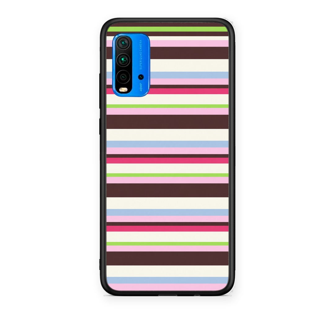 Θήκη Xiaomi Redmi 9T Multicolour Horizontal Stripes από τη Smartfits με σχέδιο στο πίσω μέρος και μαύρο περίβλημα | Xiaomi Redmi 9T Multicolour Horizontal Stripes case with colorful back and black bezels