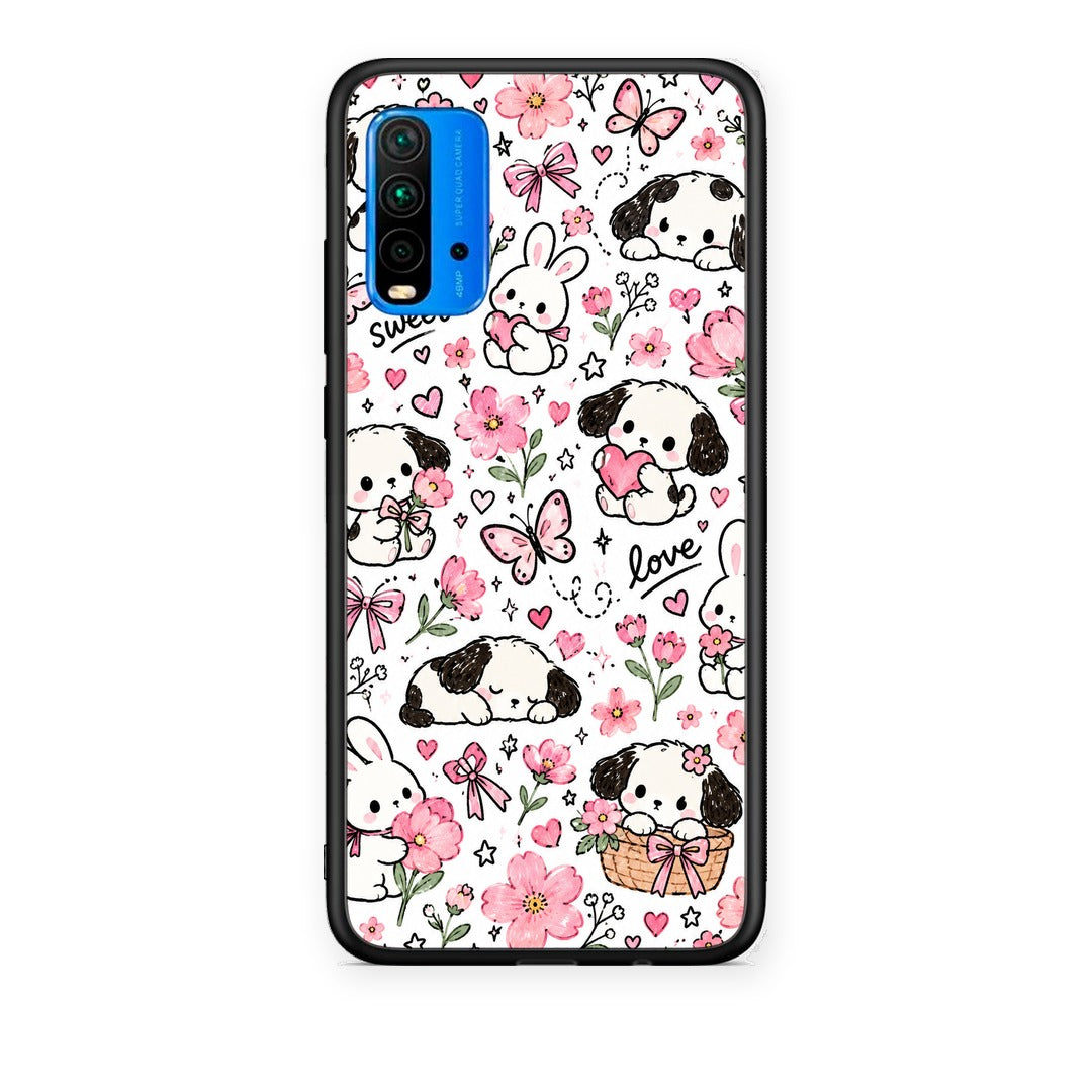 Θήκη Xiaomi Redmi 9T Pink Florals Puppies and Bunnies on White από τη Smartfits με σχέδιο στο πίσω μέρος και μαύρο περίβλημα | Xiaomi Redmi 9T Pink Florals Puppies and Bunnies on White case with colorful back and black bezels