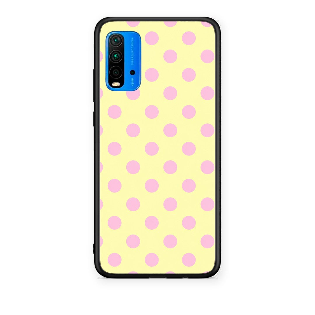 Θήκη Xiaomi Redmi 9T Pink Polka Dots on Yellow από τη Smartfits με σχέδιο στο πίσω μέρος και μαύρο περίβλημα | Xiaomi Redmi 9T Pink Polka Dots on Yellow case with colorful back and black bezels
