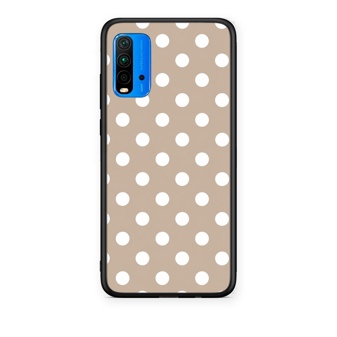 Θήκη Xiaomi Poco M3 White Polka Dots on Taupe από τη Smartfits με σχέδιο στο πίσω μέρος και μαύρο περίβλημα | Xiaomi Poco M3 White Polka Dots on Taupe case with colorful back and black bezels