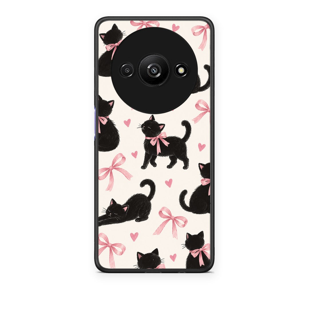 Θήκη Xiaomi Redmi A3 Black Kittens and Pink Bows on Cream Large από τη Smartfits με σχέδιο στο πίσω μέρος και μαύρο περίβλημα | Xiaomi Redmi A3 Black Kittens and Pink Bows on Cream Large case with colorful back and black bezels