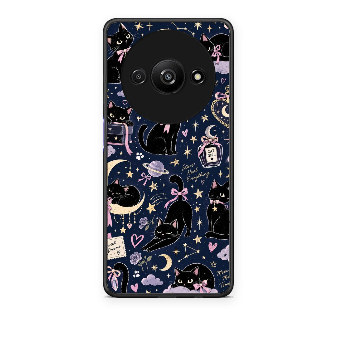 Θήκη Xiaomi Redmi A3 Celestial Black Cats on Navy από τη Smartfits με σχέδιο στο πίσω μέρος και μαύρο περίβλημα | Xiaomi Redmi A3 Celestial Black Cats on Navy case with colorful back and black bezels