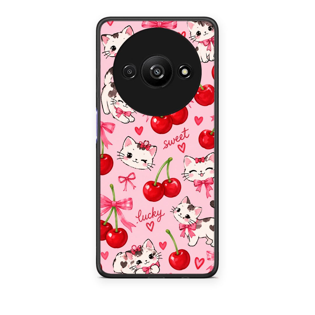 Θήκη Xiaomi Redmi A3 Cherries Bows and Kittens on Pink από τη Smartfits με σχέδιο στο πίσω μέρος και μαύρο περίβλημα | Xiaomi Redmi A3 Cherries Bows and Kittens on Pink case with colorful back and black bezels