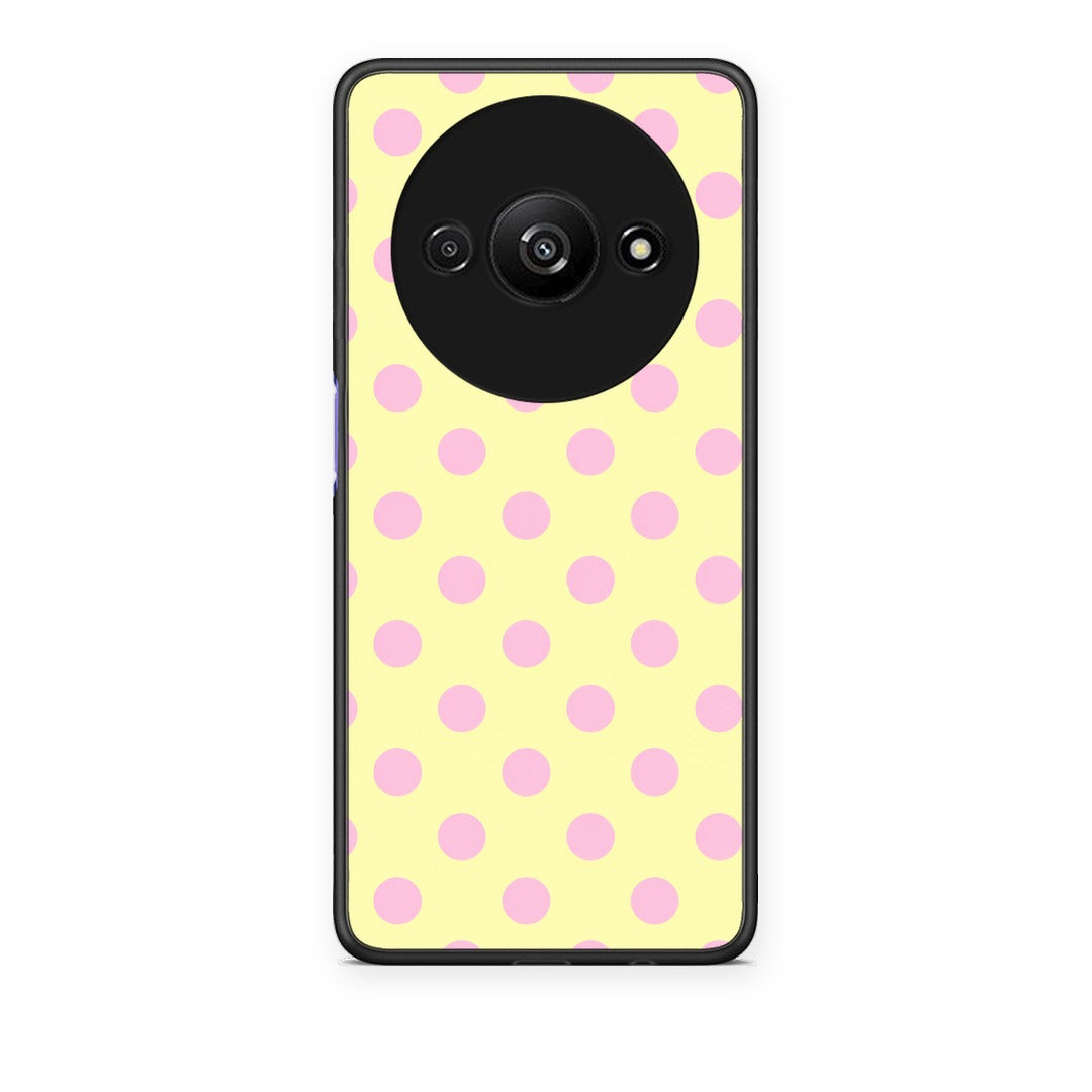 Θήκη Xiaomi Redmi A3 Pink Polka Dots on Yellow από τη Smartfits με σχέδιο στο πίσω μέρος και μαύρο περίβλημα | Xiaomi Redmi A3 Pink Polka Dots on Yellow case with colorful back and black bezels