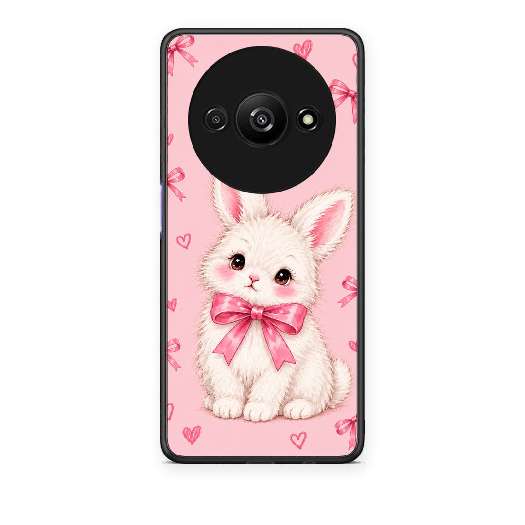 Θήκη Xiaomi Redmi A3 White Bunny and Pink Bows από τη Smartfits με σχέδιο στο πίσω μέρος και μαύρο περίβλημα | Xiaomi Redmi A3 White Bunny and Pink Bows case with colorful back and black bezels