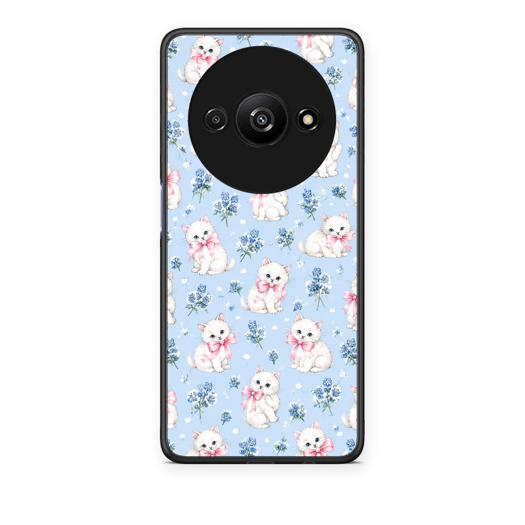 Θήκη Xiaomi Redmi A3 White Kittens and Blue Flowers Small από τη Smartfits με σχέδιο στο πίσω μέρος και μαύρο περίβλημα | Xiaomi Redmi A3 White Kittens and Blue Flowers Small case with colorful back and black bezels