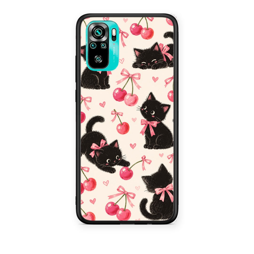 Θήκη Xiaomi Poco M5s Black Kittens and Cherries on Cream από τη Smartfits με σχέδιο στο πίσω μέρος και μαύρο περίβλημα | Xiaomi Poco M5s Black Kittens and Cherries on Cream case with colorful back and black bezels