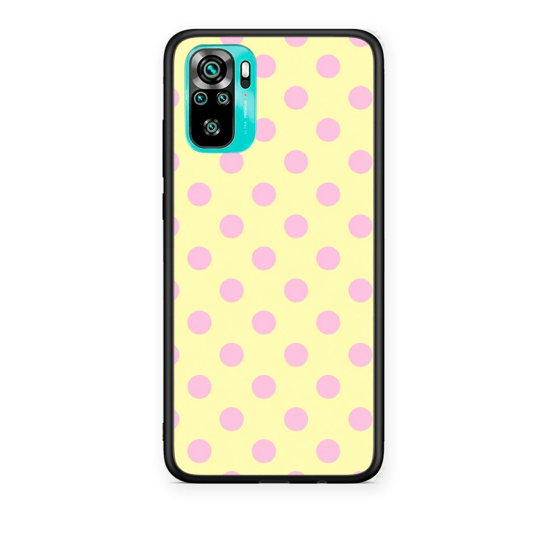 Θήκη Xiaomi Poco M5s Pink Polka Dots on Yellow από τη Smartfits με σχέδιο στο πίσω μέρος και μαύρο περίβλημα | Xiaomi Poco M5s Pink Polka Dots on Yellow case with colorful back and black bezels