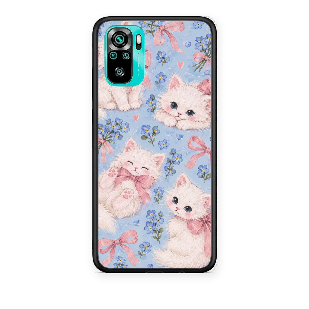 Θήκη Xiaomi Poco M5s White Kittens and Blue Flowers Large από τη Smartfits με σχέδιο στο πίσω μέρος και μαύρο περίβλημα | Xiaomi Poco M5s White Kittens and Blue Flowers Large case with colorful back and black bezels