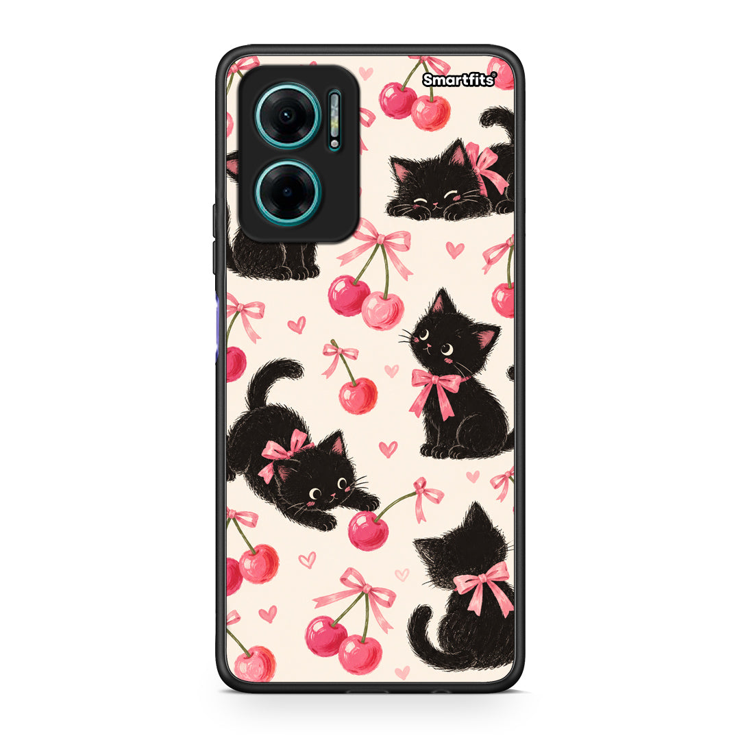 Θήκη Xiaomi Redmi Note 11E Black Kittens and Cherries on Cream από τη Smartfits με σχέδιο στο πίσω μέρος και μαύρο περίβλημα | Xiaomi Redmi Note 11E Black Kittens and Cherries on Cream case with colorful back and black bezels