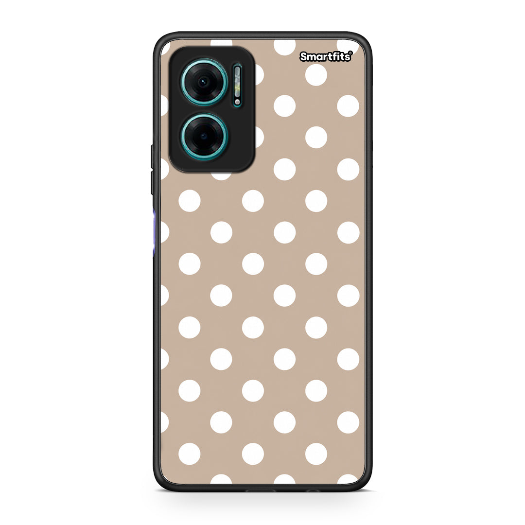 Θήκη Xiaomi Redmi Note 11E White Polka Dots on Taupe από τη Smartfits με σχέδιο στο πίσω μέρος και μαύρο περίβλημα | Xiaomi Redmi Note 11E White Polka Dots on Taupe case with colorful back and black bezels