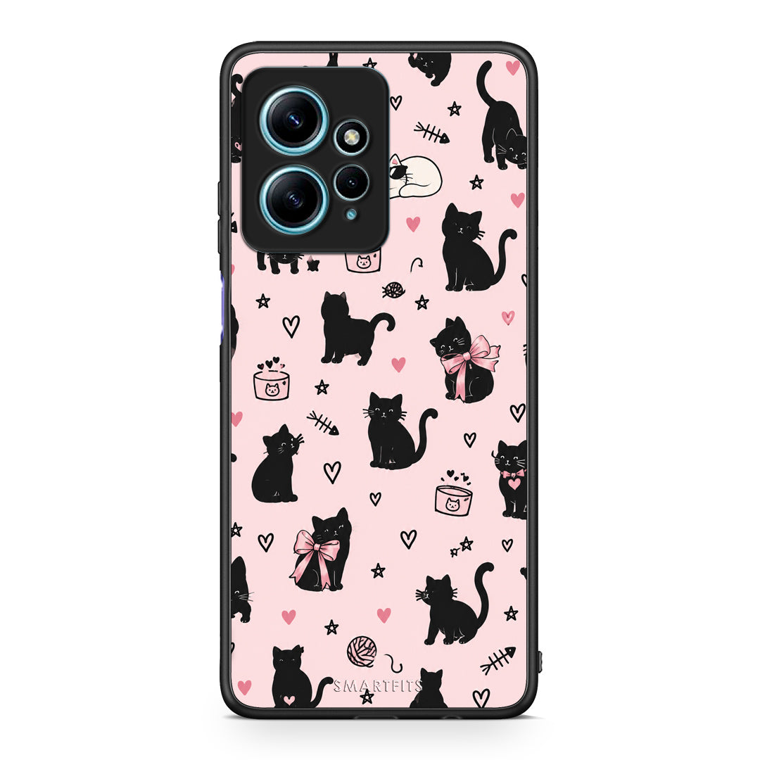 Θήκη Xiaomi Redmi Note 12 4G Black Cat Doodles on Pink από τη Smartfits με σχέδιο στο πίσω μέρος και μαύρο περίβλημα | Xiaomi Redmi Note 12 4G Black Cat Doodles on Pink case with colorful back and black bezels