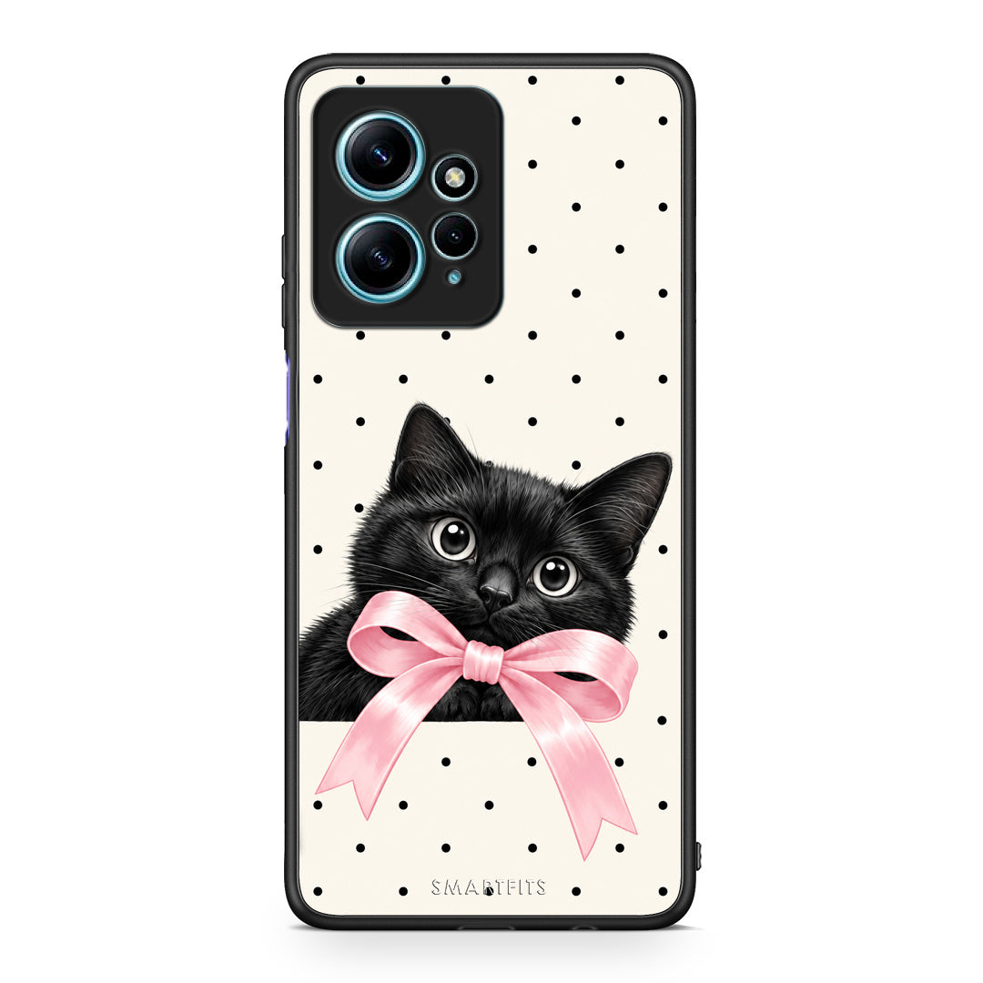 Θήκη Xiaomi Redmi Note 12 4G Black Kitten Pink Bow and Polka Dots από τη Smartfits με σχέδιο στο πίσω μέρος και μαύρο περίβλημα | Xiaomi Redmi Note 12 4G Black Kitten Pink Bow and Polka Dots case with colorful back and black bezels