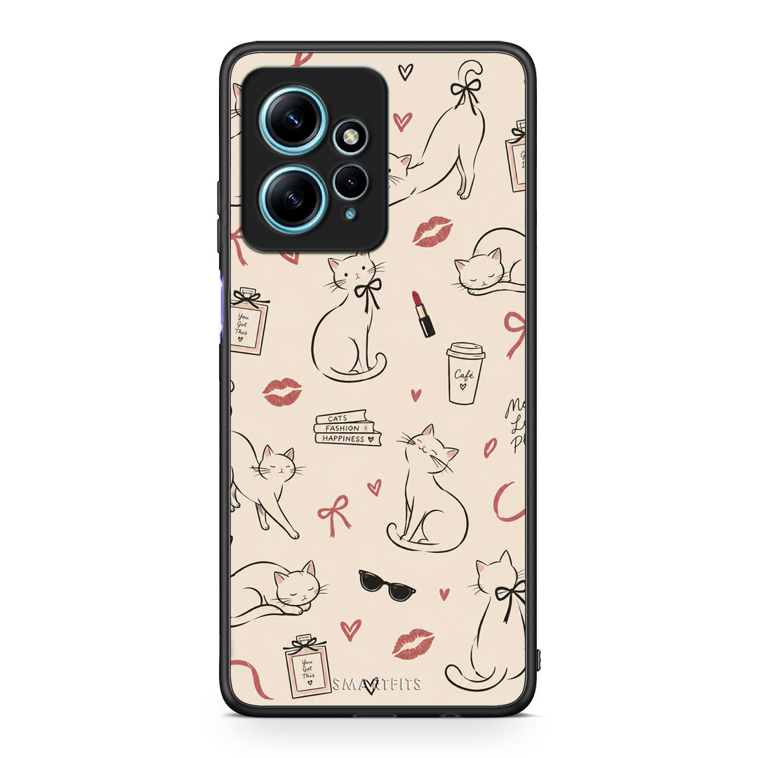 Θήκη Xiaomi Redmi Note 12 4G Minimal Cat and Fashion Doodles on Cream από τη Smartfits με σχέδιο στο πίσω μέρος και μαύρο περίβλημα | Xiaomi Redmi Note 12 4G Minimal Cat and Fashion Doodles on Cream case with colorful back and black bezels