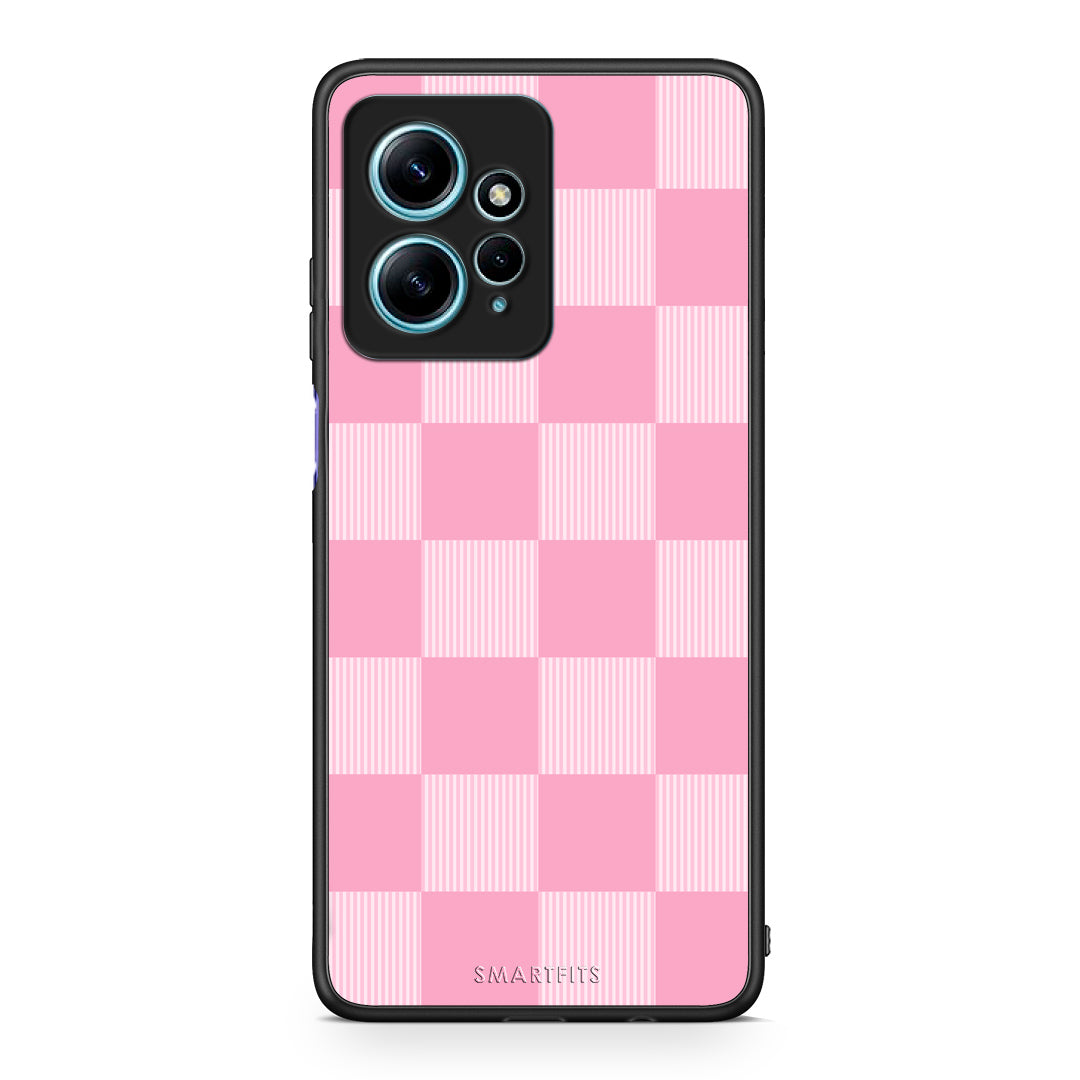 Θήκη Xiaomi Redmi Note 12 4G Pink and White Striped Checks από τη Smartfits με σχέδιο στο πίσω μέρος και μαύρο περίβλημα | Xiaomi Redmi Note 12 4G Pink and White Striped Checks case with colorful back and black bezels