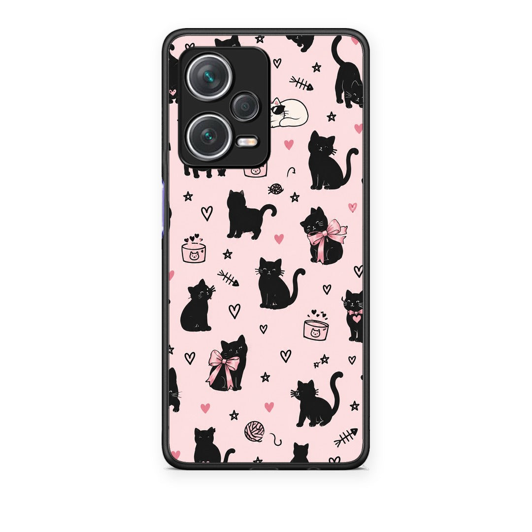 Θήκη Xiaomi Redmi Note 12 Pro+ / 12 Pro Discovery Black Cat Doodles on Pink από τη Smartfits με σχέδιο στο πίσω μέρος και μαύρο περίβλημα | Xiaomi Redmi Note 12 Pro+ / 12 Pro Discovery Black Cat Doodles on Pink case with colorful back and black bezels