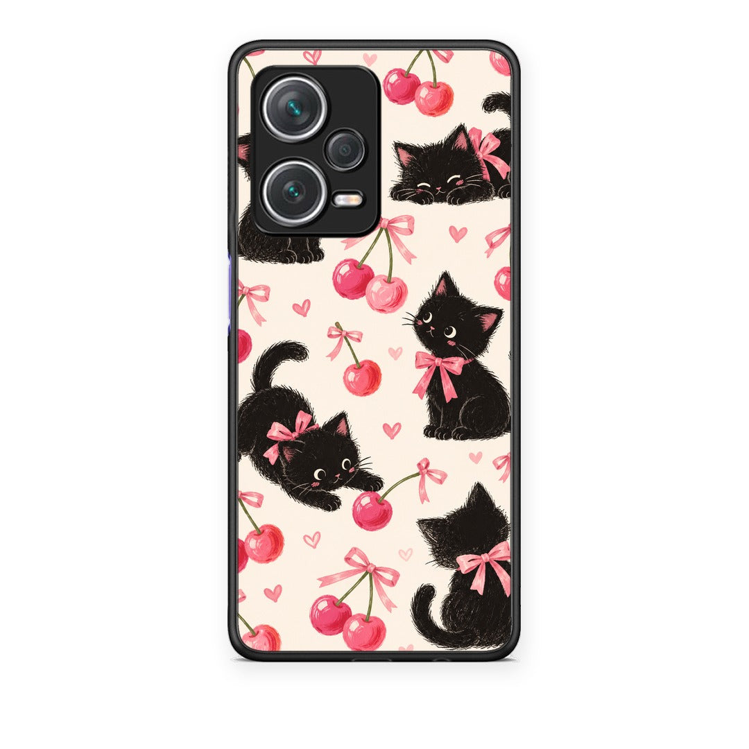 Θήκη Xiaomi Redmi Note 12 Pro+ / 12 Pro Discovery Black Kittens and Cherries on Cream από τη Smartfits με σχέδιο στο πίσω μέρος και μαύρο περίβλημα | Xiaomi Redmi Note 12 Pro+ / 12 Pro Discovery Black Kittens and Cherries on Cream case with colorful back and black bezels