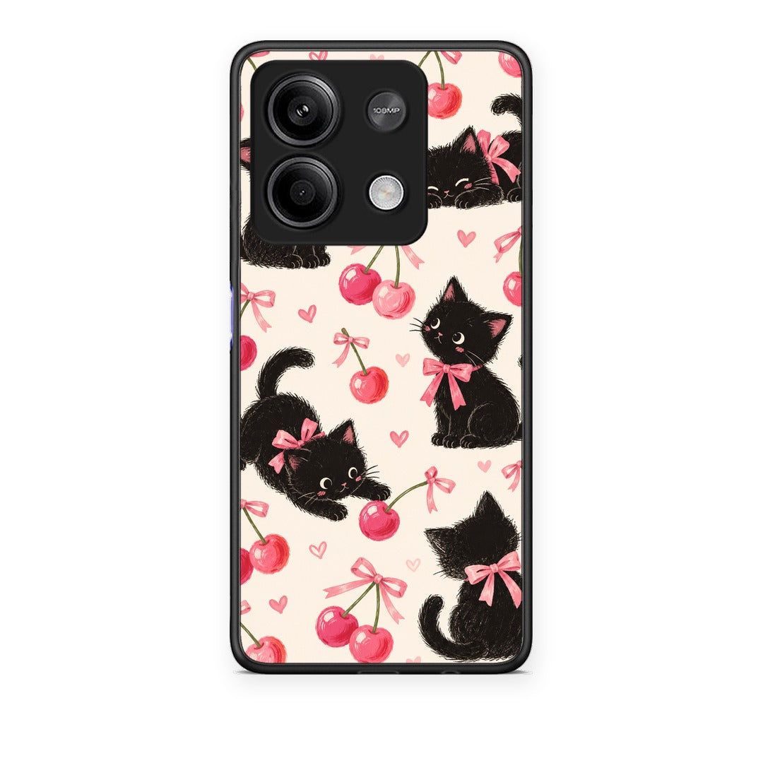 Θήκη Xiaomi Redmi Note 13 5G Black Kittens and Cherries on Cream από τη Smartfits με σχέδιο στο πίσω μέρος και μαύρο περίβλημα | Xiaomi Redmi Note 13 5G Black Kittens and Cherries on Cream case with colorful back and black bezels