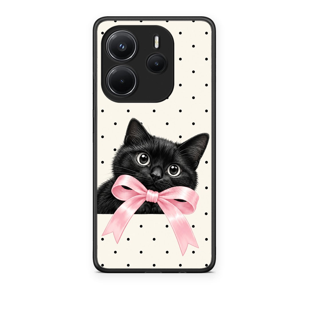 Θήκη Xiaomi Redmi Note 14 4G Black Kitten Pink Bow and Polka Dots από τη Smartfits με σχέδιο στο πίσω μέρος και μαύρο περίβλημα | Xiaomi Redmi Note 14 4G Black Kitten Pink Bow and Polka Dots case with colorful back and black bezels