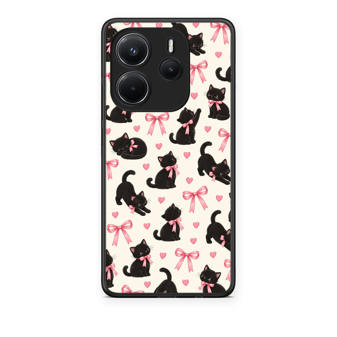 Θήκη Xiaomi Redmi Note 14 4G Black Kittens and Pink Bows on Cream Small από τη Smartfits με σχέδιο στο πίσω μέρος και μαύρο περίβλημα | Xiaomi Redmi Note 14 4G Black Kittens and Pink Bows on Cream Small case with colorful back and black bezels