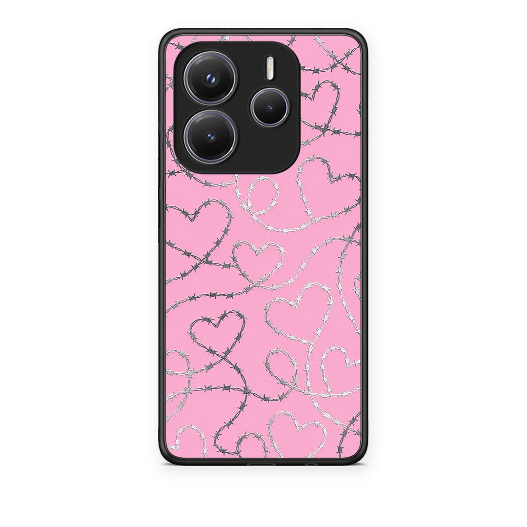 Θήκη Xiaomi Redmi Note 14 5G Barbed Wire Hearts on Pink από τη Smartfits με σχέδιο στο πίσω μέρος και μαύρο περίβλημα | Xiaomi Redmi Note 14 5G Barbed Wire Hearts on Pink case with colorful back and black bezels