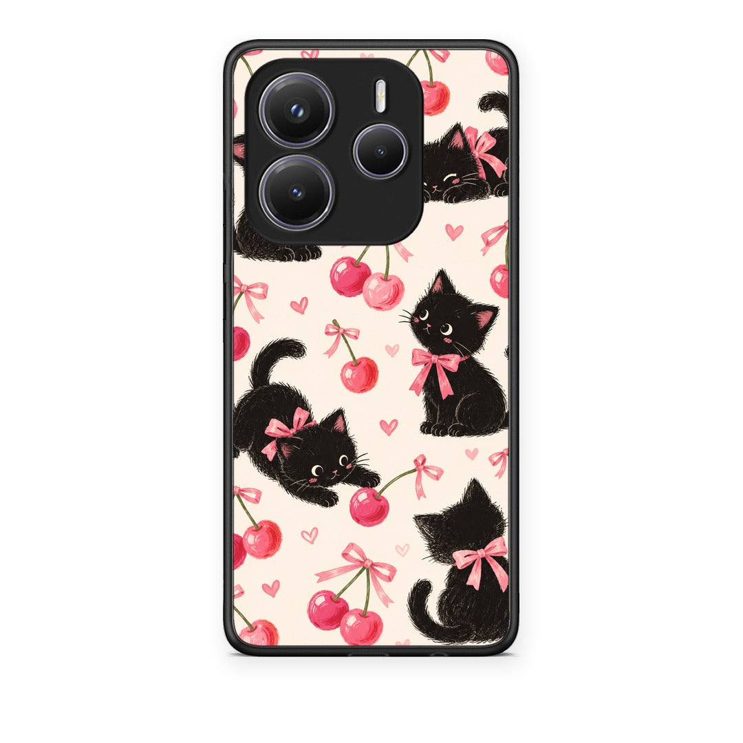 Θήκη Xiaomi Redmi Note 14 5G Black Kittens and Cherries on Cream από τη Smartfits με σχέδιο στο πίσω μέρος και μαύρο περίβλημα | Xiaomi Redmi Note 14 5G Black Kittens and Cherries on Cream case with colorful back and black bezels