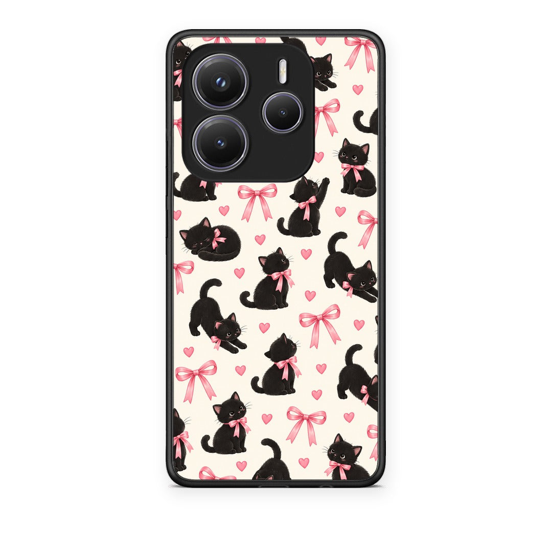 Θήκη Xiaomi Redmi Note 14 5G Black Kittens and Pink Bows on Cream Small από τη Smartfits με σχέδιο στο πίσω μέρος και μαύρο περίβλημα | Xiaomi Redmi Note 14 5G Black Kittens and Pink Bows on Cream Small case with colorful back and black bezels