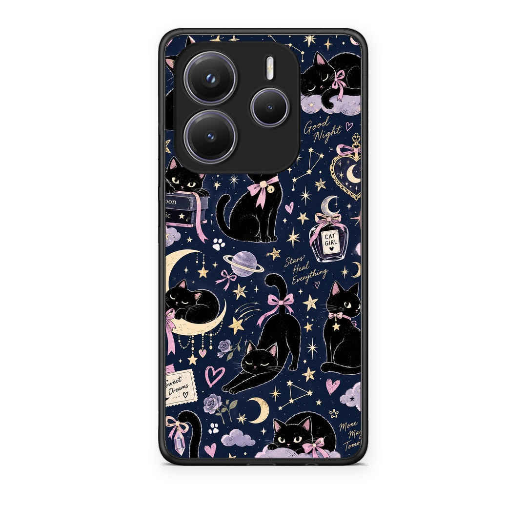 Θήκη Xiaomi Redmi Note 14 5G Celestial Black Cats on Navy από τη Smartfits με σχέδιο στο πίσω μέρος και μαύρο περίβλημα | Xiaomi Redmi Note 14 5G Celestial Black Cats on Navy case with colorful back and black bezels