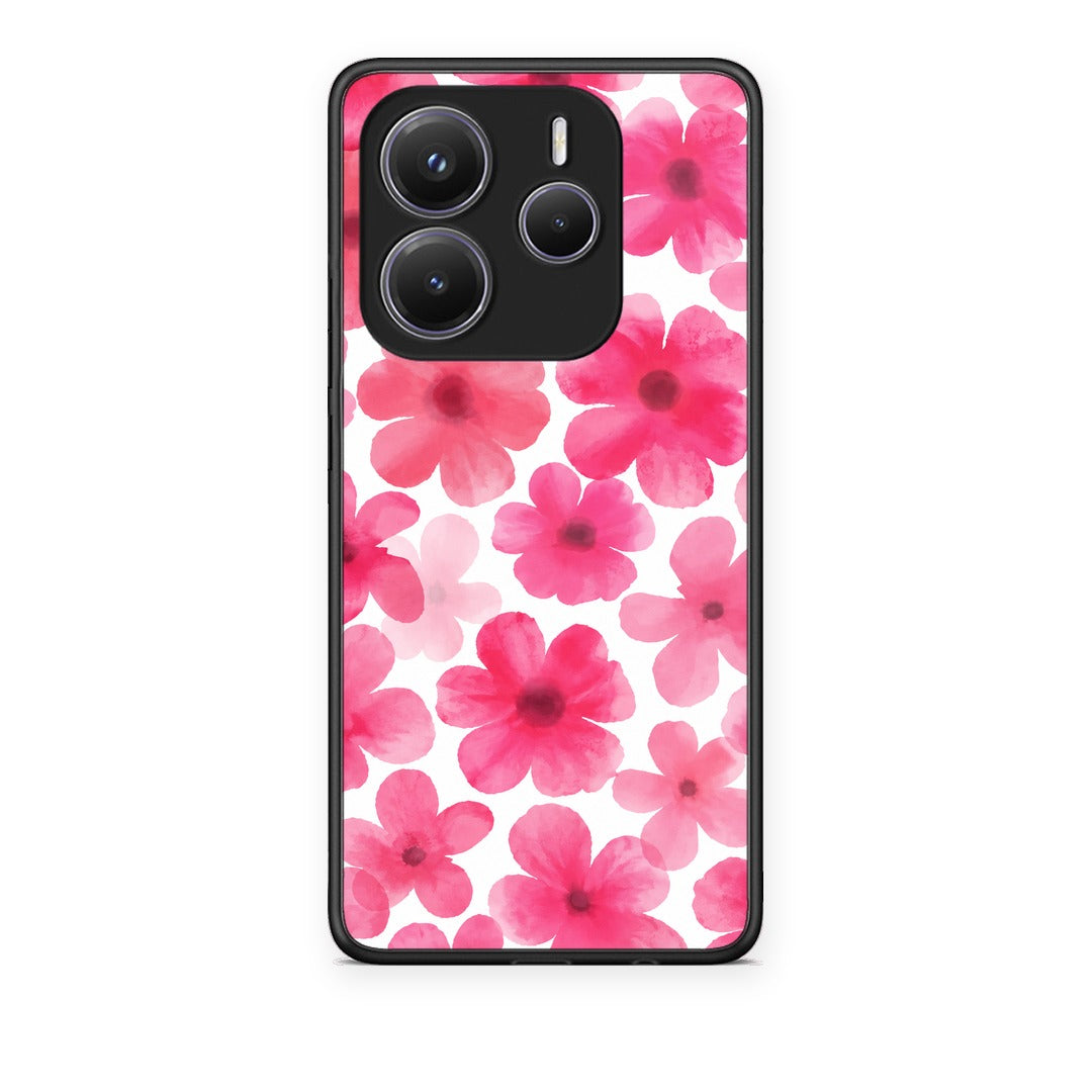 Θήκη Xiaomi Redmi Note 14 5G Pink Watercolour Flowers on White από τη Smartfits με σχέδιο στο πίσω μέρος και μαύρο περίβλημα | Xiaomi Redmi Note 14 5G Pink Watercolour Flowers on White case with colorful back and black bezels