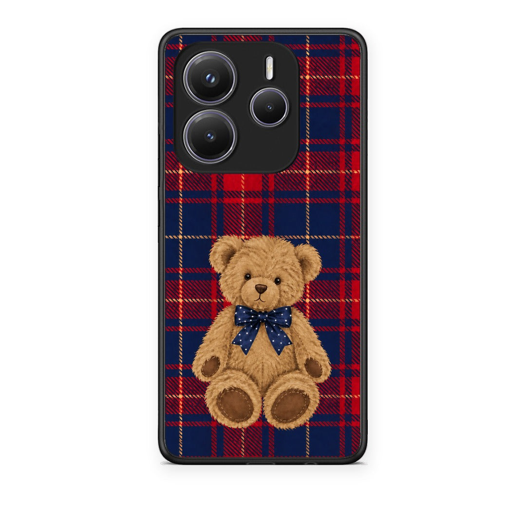 Θήκη Xiaomi Redmi Note 14 5G Teddy Bear on Red and Navy Tartan από τη Smartfits με σχέδιο στο πίσω μέρος και μαύρο περίβλημα | Xiaomi Redmi Note 14 5G Teddy Bear on Red and Navy Tartan case with colorful back and black bezels