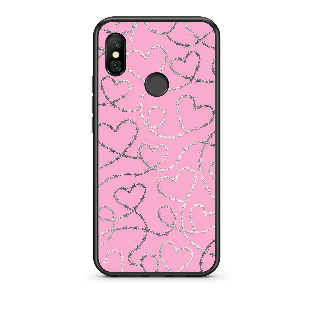Θήκη Xiaomi Redmi Note 6 Pro Barbed Wire Hearts on Pink από τη Smartfits με σχέδιο στο πίσω μέρος και μαύρο περίβλημα | Xiaomi Redmi Note 6 Pro Barbed Wire Hearts on Pink case with colorful back and black bezels