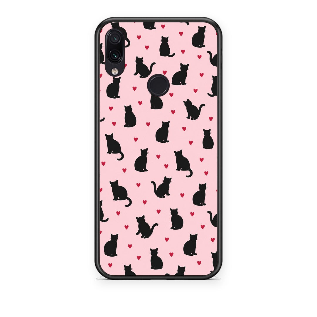 Θήκη Xiaomi Redmi Note 7 Black Cat Silhouettes and Hearts on Pink από τη Smartfits με σχέδιο στο πίσω μέρος και μαύρο περίβλημα | Xiaomi Redmi Note 7 Black Cat Silhouettes and Hearts on Pink case with colorful back and black bezels