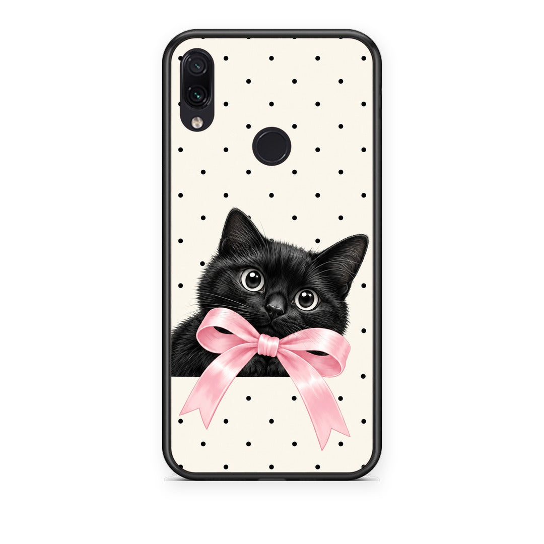 Θήκη Xiaomi Redmi Note 7 Black Kitten Pink Bow and Polka Dots από τη Smartfits με σχέδιο στο πίσω μέρος και μαύρο περίβλημα | Xiaomi Redmi Note 7 Black Kitten Pink Bow and Polka Dots case with colorful back and black bezels