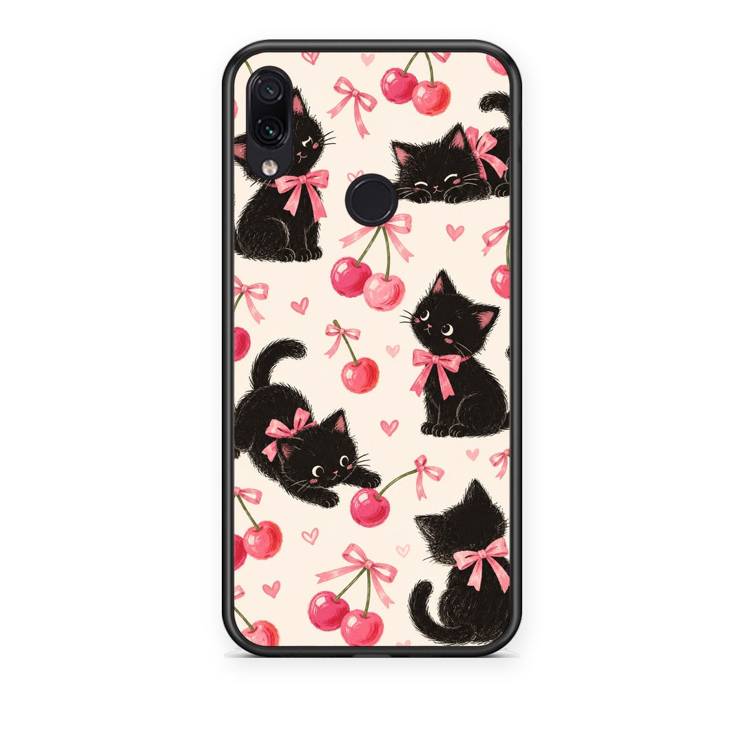 Θήκη Xiaomi Redmi Note 7 Black Kittens and Cherries on Cream από τη Smartfits με σχέδιο στο πίσω μέρος και μαύρο περίβλημα | Xiaomi Redmi Note 7 Black Kittens and Cherries on Cream case with colorful back and black bezels