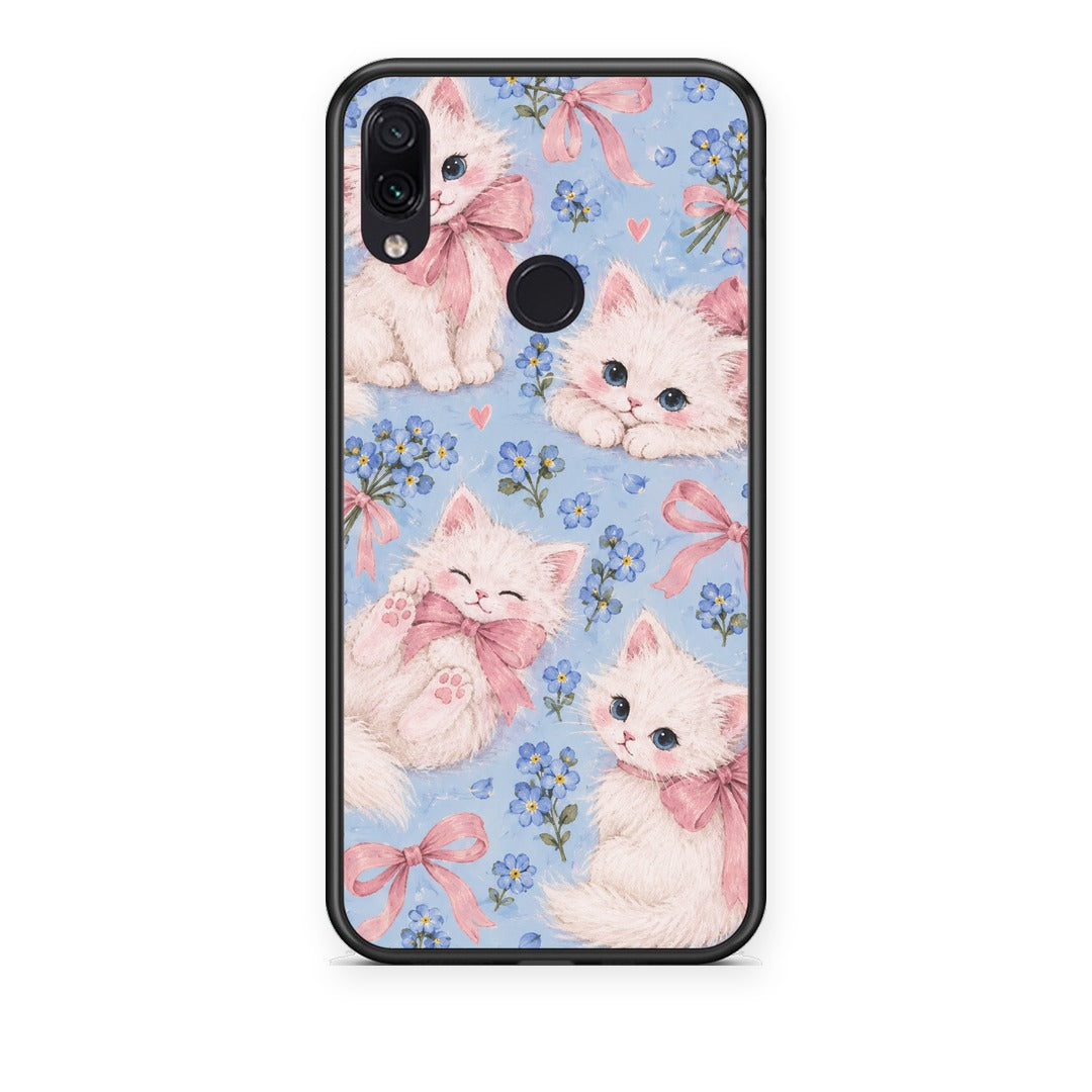 Θήκη Xiaomi Redmi Note 7 White Kittens and Blue Flowers Large από τη Smartfits με σχέδιο στο πίσω μέρος και μαύρο περίβλημα | Xiaomi Redmi Note 7 White Kittens and Blue Flowers Large case with colorful back and black bezels