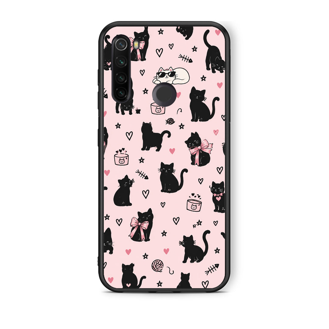 Θήκη Xiaomi Redmi Note 8T Black Cat Doodles on Pink από τη Smartfits με σχέδιο στο πίσω μέρος και μαύρο περίβλημα | Xiaomi Redmi Note 8T Black Cat Doodles on Pink case with colorful back and black bezels