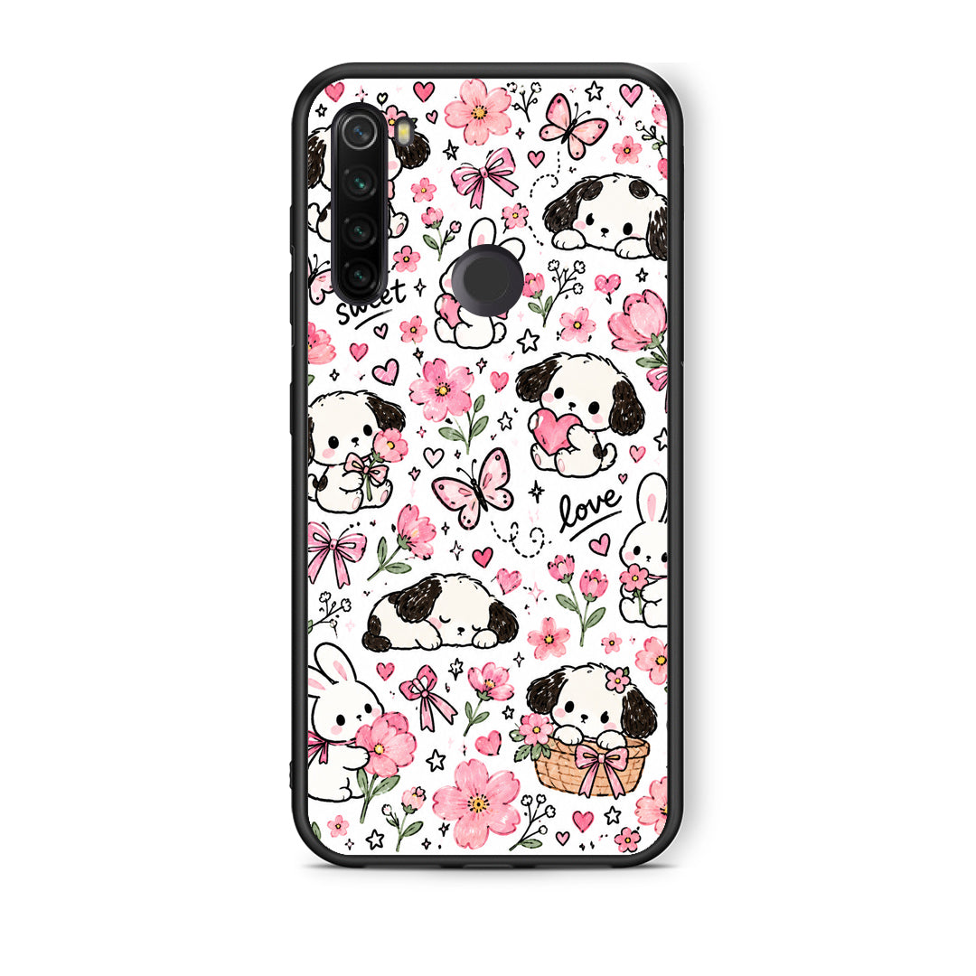 Θήκη Xiaomi Redmi Note 8T Pink Florals Puppies and Bunnies on White από τη Smartfits με σχέδιο στο πίσω μέρος και μαύρο περίβλημα | Xiaomi Redmi Note 8T Pink Florals Puppies and Bunnies on White case with colorful back and black bezels