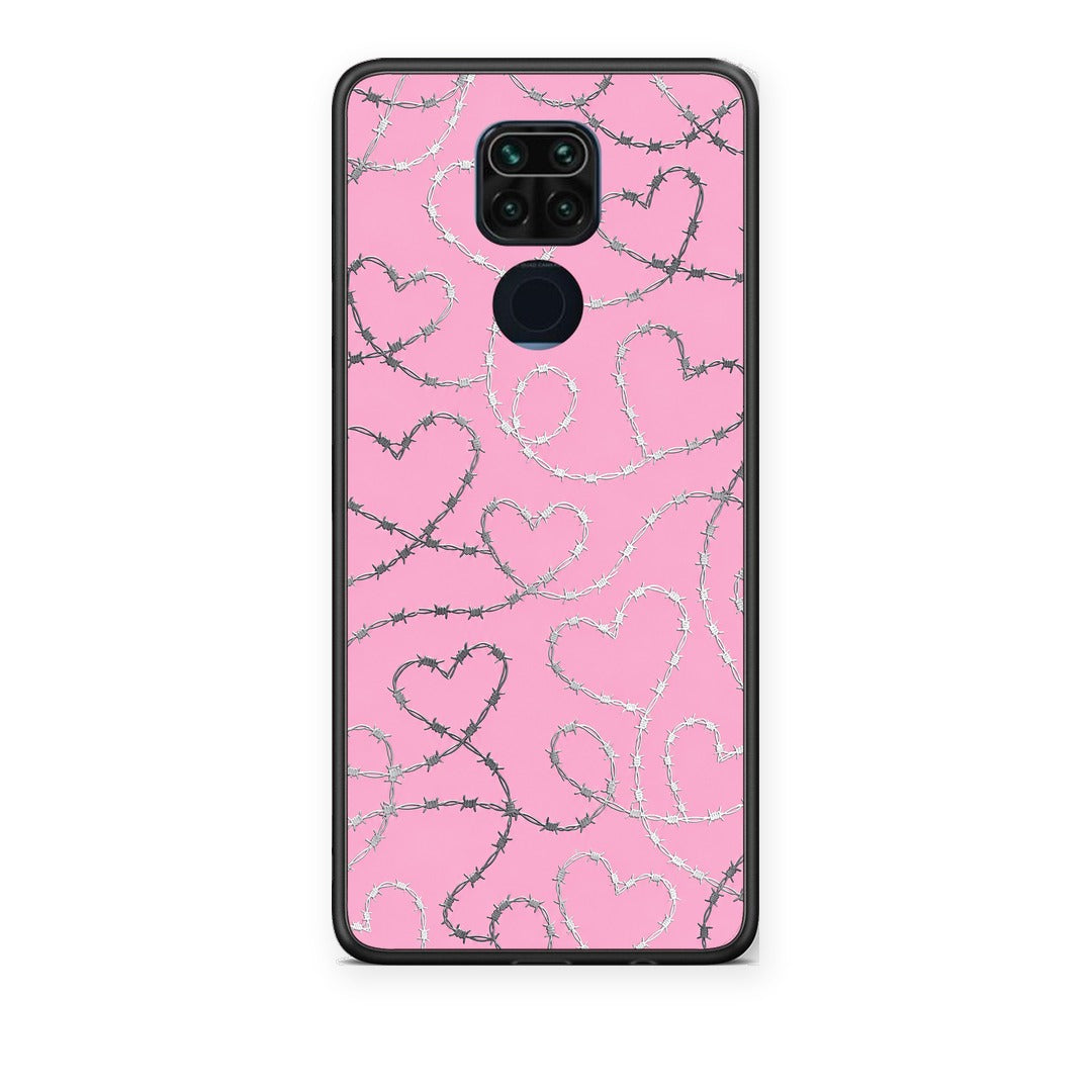 Θήκη Xiaomi Redmi Note 9 Barbed Wire Hearts on Pink από τη Smartfits με σχέδιο στο πίσω μέρος και μαύρο περίβλημα | Xiaomi Redmi Note 9 Barbed Wire Hearts on Pink case with colorful back and black bezels